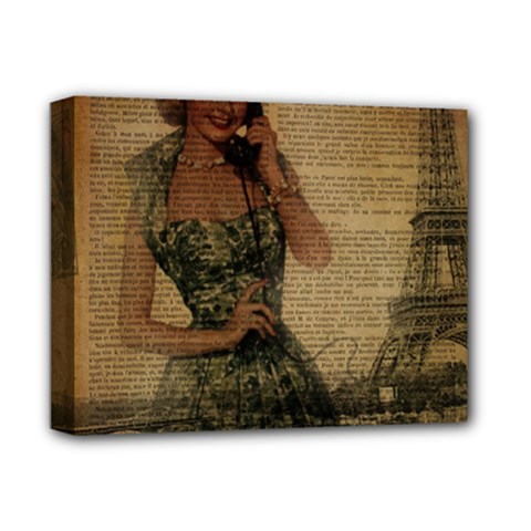 Retro Telephone Lady Vintage Newspaper Print Pin Up Girl Paris Eiffel Tower Deluxe Canvas 14  X 11  (framed) by chicelegantboutique