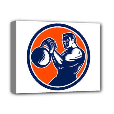 Bodybuilder Lifting Kettlebell Woodcut Deluxe Canvas 14  X 11  (framed) by retrovectors