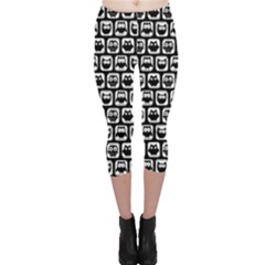 Black And White Owl Pattern Capri Leggings by GardenOfOphir