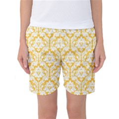 White On Sunny Yellow Damask Women s Basketball Shorts by Zandiepants