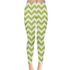 Spring Green And White Zigzag Pattern Leggings  by Zandiepants