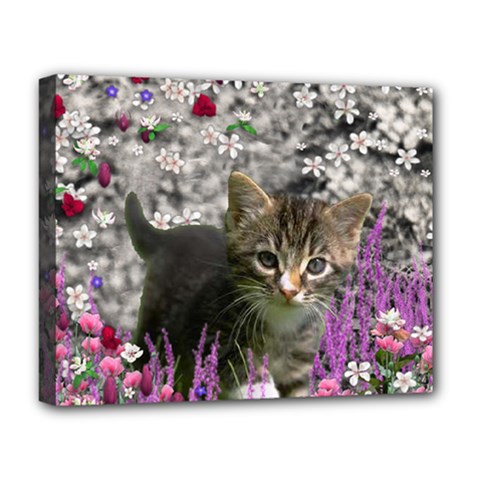 Emma In Flowers I, Little Gray Tabby Kitty Cat Deluxe Canvas 20  X 16   by DianeClancy