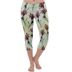 Vintage Style Seamless Floral Wallpaper Pattern Background Capri Yoga Leggings by Simbadda
