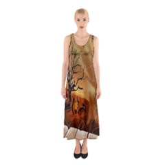 Digital Art Nature Spider Witch Spiderwebs Bricks Window Trees Fire Boiler Cliff Rock Sleeveless Maxi Dress by Simbadda
