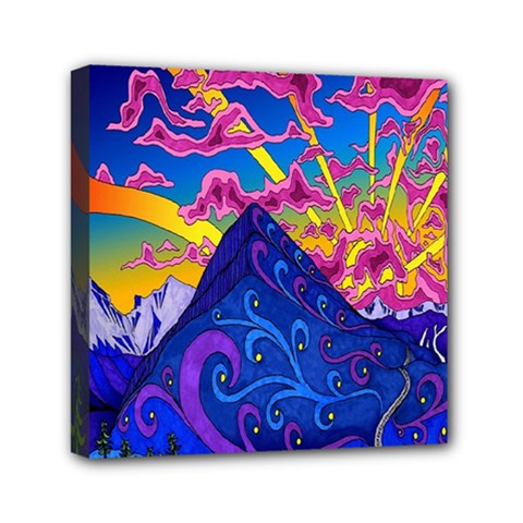 Psychedelic Colorful Lines Nature Mountain Trees Snowy Peak Moon Sun Rays Hill Road Artwork Stars Mini Canvas 6  X 6  by Simbadda