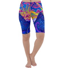 Psychedelic Colorful Lines Nature Mountain Trees Snowy Peak Moon Sun Rays Hill Road Artwork Stars Cropped Leggings  by Simbadda