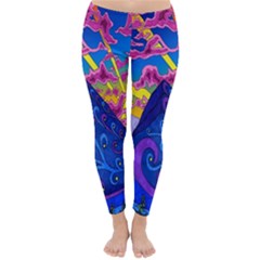 Psychedelic Colorful Lines Nature Mountain Trees Snowy Peak Moon Sun Rays Hill Road Artwork Stars Classic Winter Leggings by Simbadda