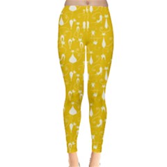 Yellow Cute White Cats Pattern Leggings