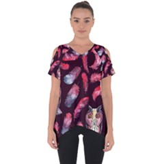 Boho Owl And Feather Pattern Cut Out Side Drop Tee by paulaoliveiradesign