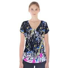 Spot Paint Pink Black Green Yellow Blue Sexy Short Sleeve Front Detail Top by Mariart