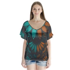 Beautiful Teal And Orange Paisley Fractal Feathers V-neck Flutter Sleeve Top by jayaprime
