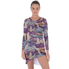 Textile Fabric Cloth Pattern Asymmetric Cut-out Shift Dress by Celenk