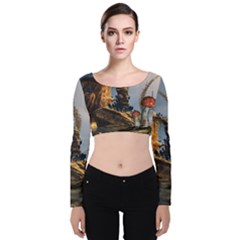 Wonderful Seascape With Mushroom House Velvet Long Sleeve Crop Top by FantasyWorld7