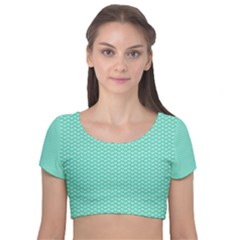 Tiffany Aqua Blue With White Lipstick Kisses Velvet Short Sleeve Crop Top  by PodArtist