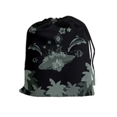 Surfboard With Dolphin, Flowers, Palm And Turtle Drawstring Pouches (extra Large) by FantasyWorld7