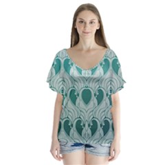 Teal Art Nouvea V-neck Flutter Sleeve Top by NouveauDesign