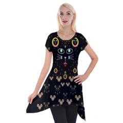 Merry Black Cat In The Night And A Mouse Involved Pop Art Short Sleeve Side Drop Tunic by pepitasart