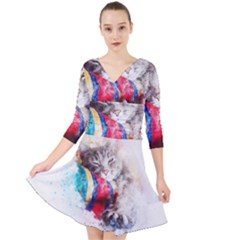 Cat Kitty Animal Art Abstract Quarter Sleeve Front Wrap Dress	 by Celenk