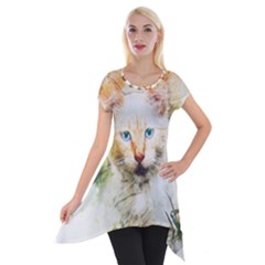 Cat Animal Art Abstract Watercolor Short Sleeve Side Drop Tunic by Celenk