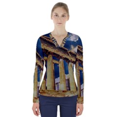 Athens Greece Ancient Architecture V-neck Long Sleeve Top by Celenk