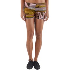 Nature Mountains Cliff Waterfall Yoga Shorts by Celenk
