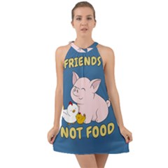 Friends Not Food - Cute Pig And Chicken Halter Tie Back Chiffon Dress by Valentinaart