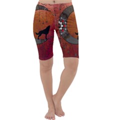 Black Wolf On Decorative Steampunk Moon Cropped Leggings  by FantasyWorld7