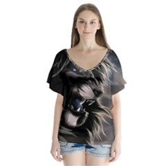 Angry Lion Digital Art Hd V-neck Flutter Sleeve Top by Nexatart