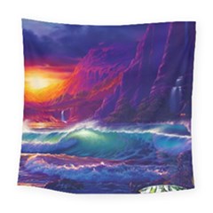 Sunset Orange Sky Dark Cloud Sea Waves Of The Sea, Rocky Mountains Art Square Tapestry (large) by Sapixe