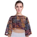 Wooden Blocks Detail Tie Back Butterfly Sleeve Chiffon Top View1