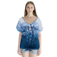 Nature Inspiration Trees Blue V-neck Flutter Sleeve Top by Nexatart