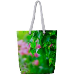 Green Birch Leaves, Pink Flowers Full Print Rope Handle Tote (small) by FunnyCow