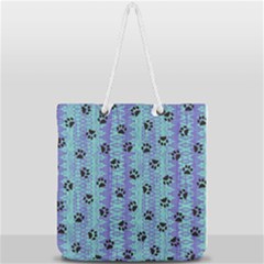 Footprints Cat Black On Batik Pattern Teal Violet Full Print Rope Handle Tote (large) by EDDArt