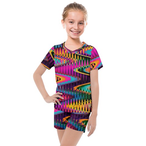 Multicolored Wave Distortion Zigzag Chevrons Kids  Mesh Tee And Shorts Set by EDDArt