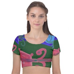 Pink Guitar Velvet Short Sleeve Crop Top  by snowwhitegirl