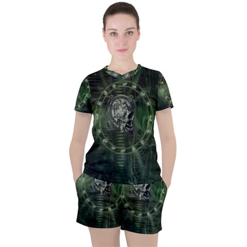 Awesome Creepy Mechanical Skull Women s Tee And Shorts Set by FantasyWorld7
