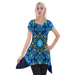 Mandala Blue Abstract Circle Short Sleeve Side Drop Tunic by Simbadda