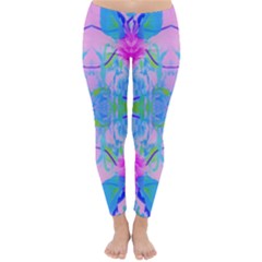 Pink And Purple Dahlia On Blue Pattern Classic Winter Leggings by myrubiogarden