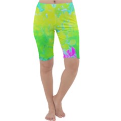 Fluorescent Yellow And Pink Abstract Garden Foliage Cropped Leggings  by myrubiogarden