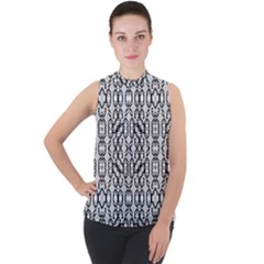 Black And White Intricate Modern Geometric Pattern Mock Neck Chiffon Sleeveless Top by dflcprintsclothing