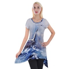 Art Painting Sea Storm Seagull Short Sleeve Side Drop Tunic