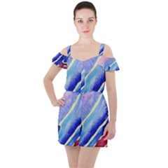 Painting Abstract Blue Pink Spots Ruffle Cut Out Chiffon Playsuit