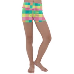 Checkerboard Pastel Squares Kids  Lightweight Velour Yoga Shorts by Pakrebo
