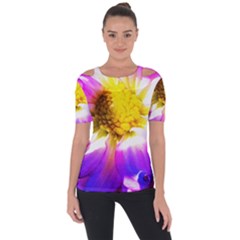 Purple, Pink And White Dahlia With A Bright Yellow Center Shoulder Cut Out Short Sleeve Top by myrubiogarden