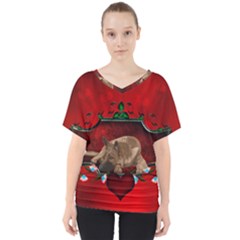 Wonderful German Shepherd With Heart And Flowers V-neck Dolman Drape Top by FantasyWorld7