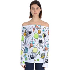 Sketch Cartoon Space Set Off Shoulder Long Sleeve Top by Pakrebo