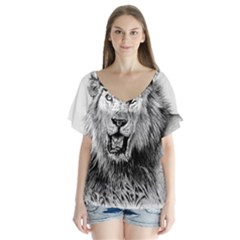 Lion Wildlife Art And Illustration Pencil V-neck Flutter Sleeve Top by Sudhe