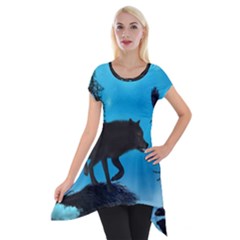 Awesome Black Wolf With Crow And Spider Short Sleeve Side Drop Tunic