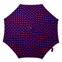 Red Stars Pattern On Blue Hook Handle Umbrellas (large) by BrightVibesDesign