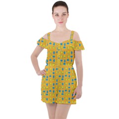 Lemons Ongoing Pattern Texture Ruffle Cut Out Chiffon Playsuit by Mariart